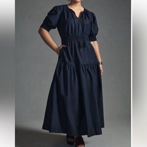 Anthropologie Moon River Puff Sleeve Dress Navy Blue Size M